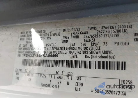 2022 Ford Transit-350 Passenger Van Xlt из США, поврежденный, VIN 1FBAX2Y84NKA04459